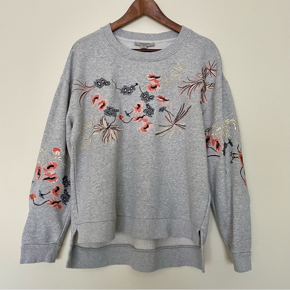 All Saints Margot Floral Embroidered Sweatshirt Medium Gray Pink Blue - Picture 3 of 13